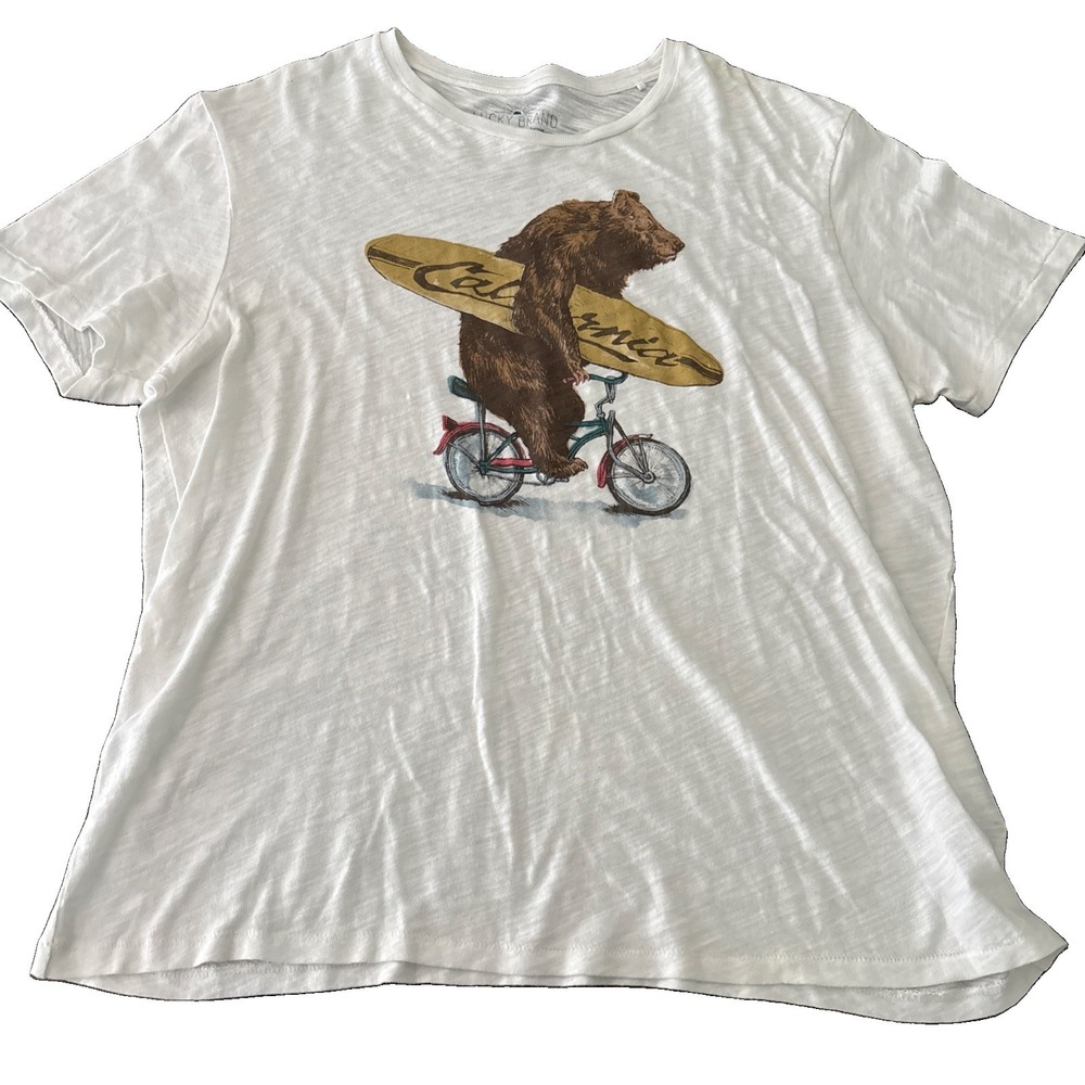 Lucky Brand Bear on Bicycle Graphic T-Shirt Size XL California surfboard tee
